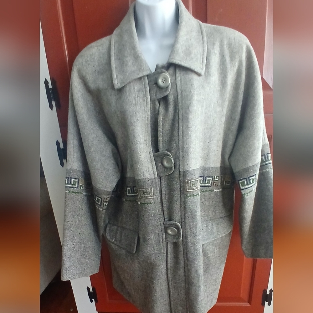 Elegant Gray BIRCH Tweed Coat with Embroidered Details..size XL